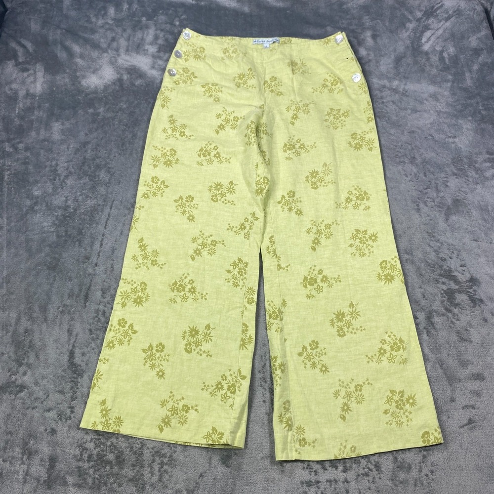 Womens Linen Wide Leg Pants Size 8 Green Linen Cotton Floral All Over Print
